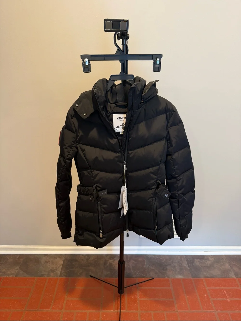 Zara Black Hooded Ski Quilted Puffer Jacket with Belt